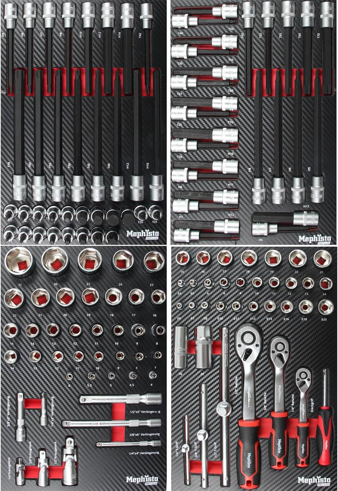 Mephisto ProLine 'Full Black' Werkplaatswagen met 9 schuifladen waarvan 9 met gereedschap zoals moersleutel, ratel met moerkast, schroevendraaier, VDE in zachte inlays in carbonlook gevuld