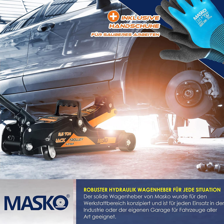 MASKO® Krik hydraulische Garagekrik vlakke hefhoogte 2.5 Ton | Autokrik met 2x rubber pads en Handschoenen | rangeerkrik hydraulisch 360° rollen onder standaard, Oranje