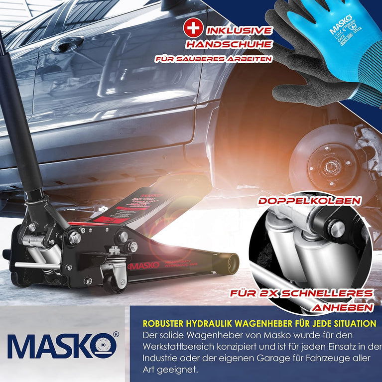 MASKO® Krik hydraulische Garagekrik vlakke hefhoogte 2.5 Ton | Autokrik met 2x rubber pads en Handschoenen | rangeerkrik hydraulisch 360° rollen onder standaard, Oranje