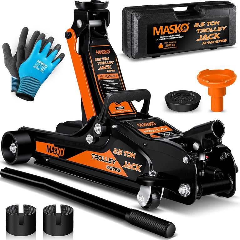 MASKO® Krik hydraulische Garagekrik vlakke hefhoogte 2.5 Ton | Autokrik met 2x rubber pads en Handschoenen | rangeerkrik hydraulisch 360° rollen onder standaard, Oranje