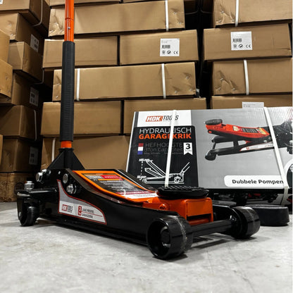 Garagekrik 3 ton extra laag | GRATIS PAD 40mm | 83mm - 505mm hoogte | dubbele plunjers | snelle hefboom
