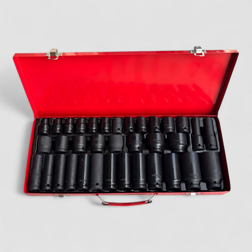 HDKTOOLS Krachtdoppenset 38 delig | metalen koffer | 1/2 inch | rood-zwart | 8mm-32mm