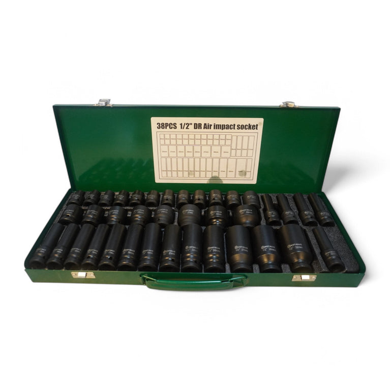 Kraft-Steckschlüssel-Satz 38-teilig | im Metalletui | 1/2 Zoll | grün-schwarz | 8 mm bis 32 mm